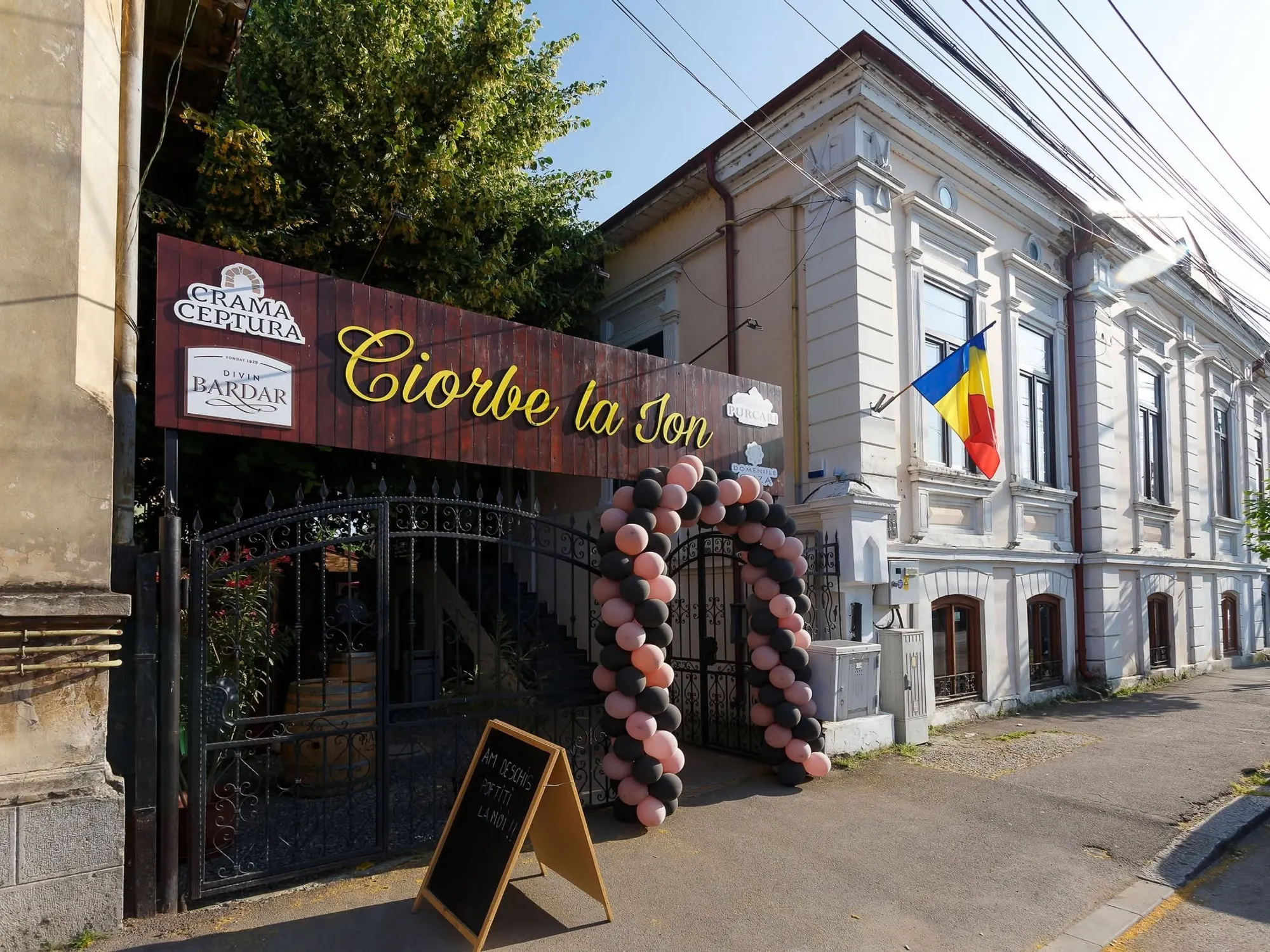 The entrance from the street, with the Ciorbe la Ion sign above the iron gate